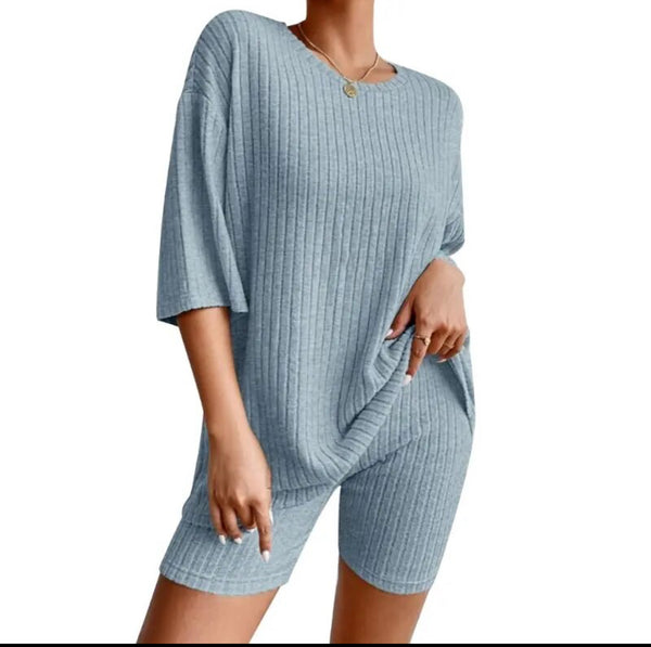 CozyBlend Duo: Knit Comfort Lounge Set with Tee & Shorts